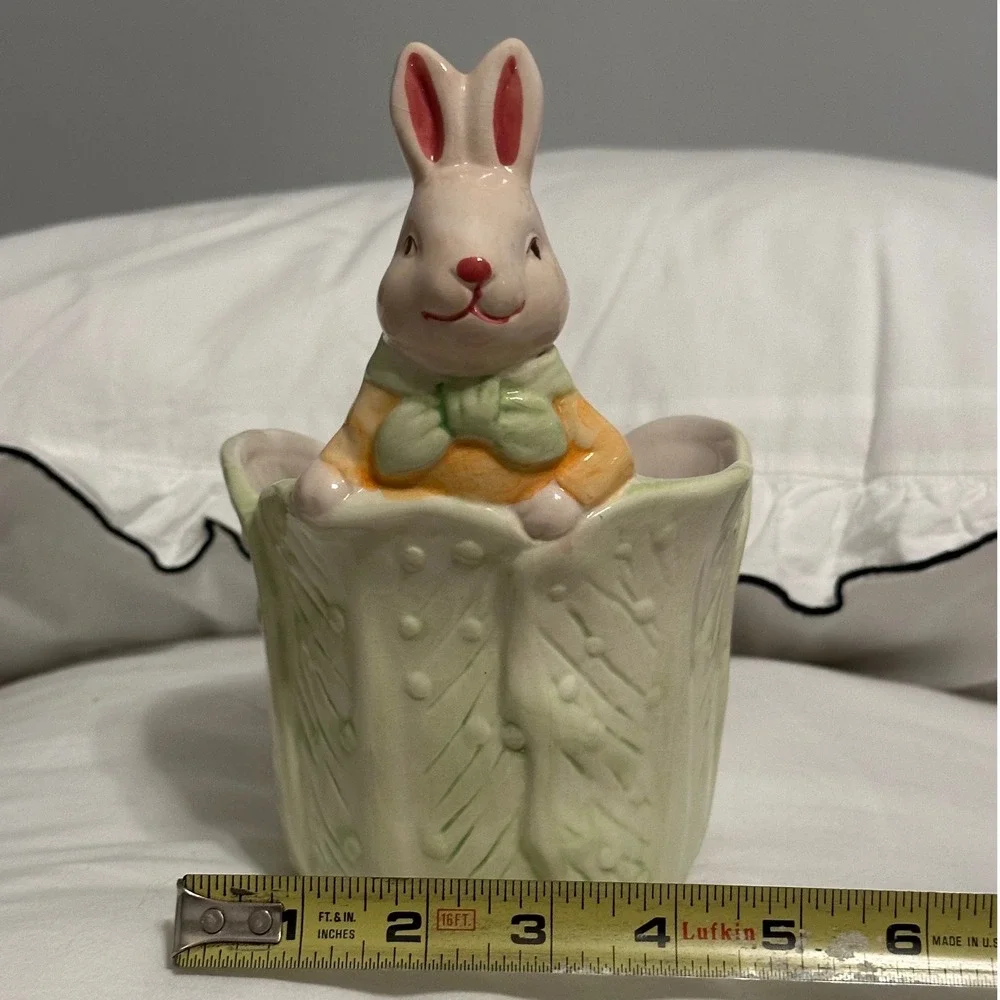 Bloomrite Bunny Rabbit Cabbage Planter Easter Decor Green White 6.5in 
 Glazed - Picture 2 of 9